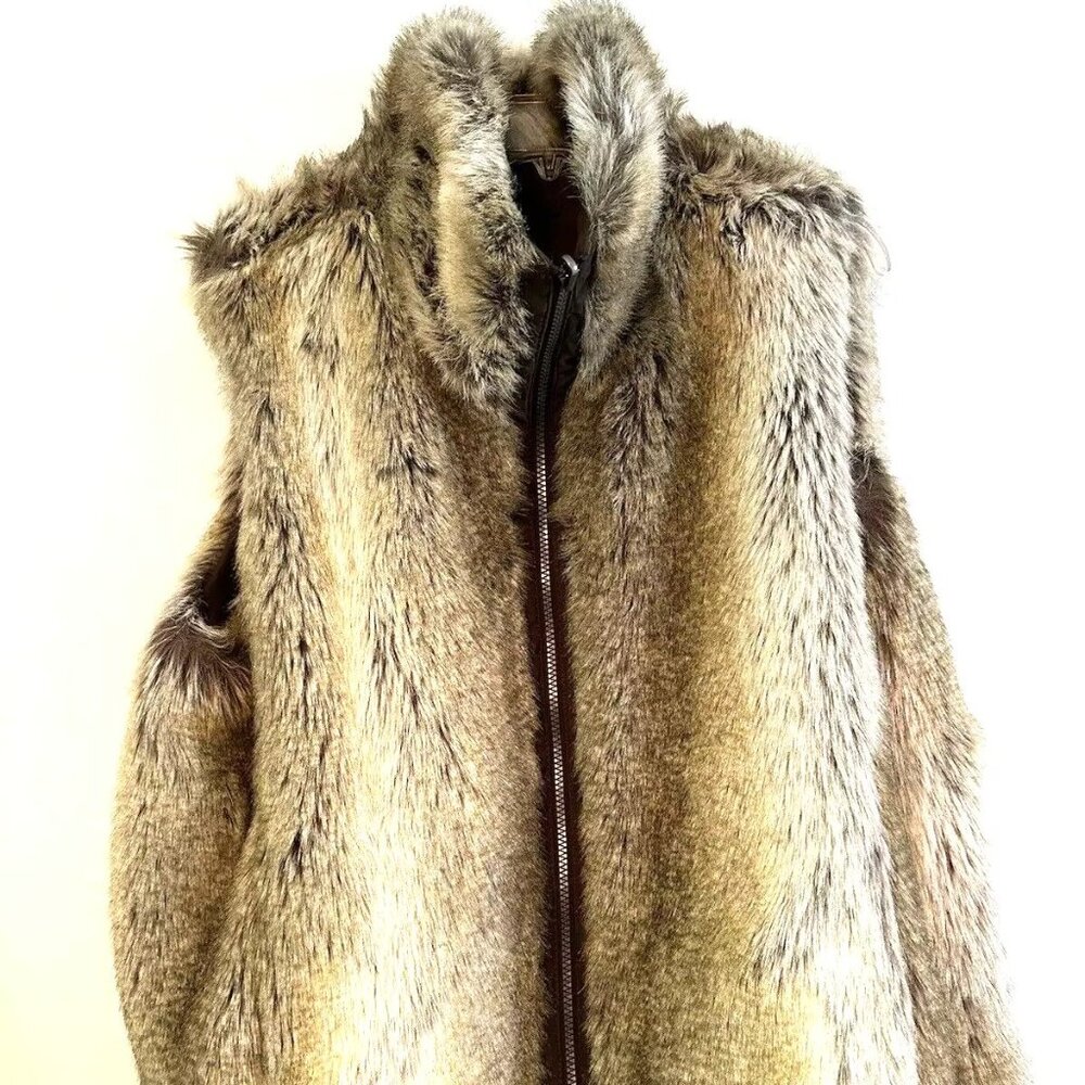 Reversible Beige Brown Vest XL Womens Faux Fur Full Zip EUC
